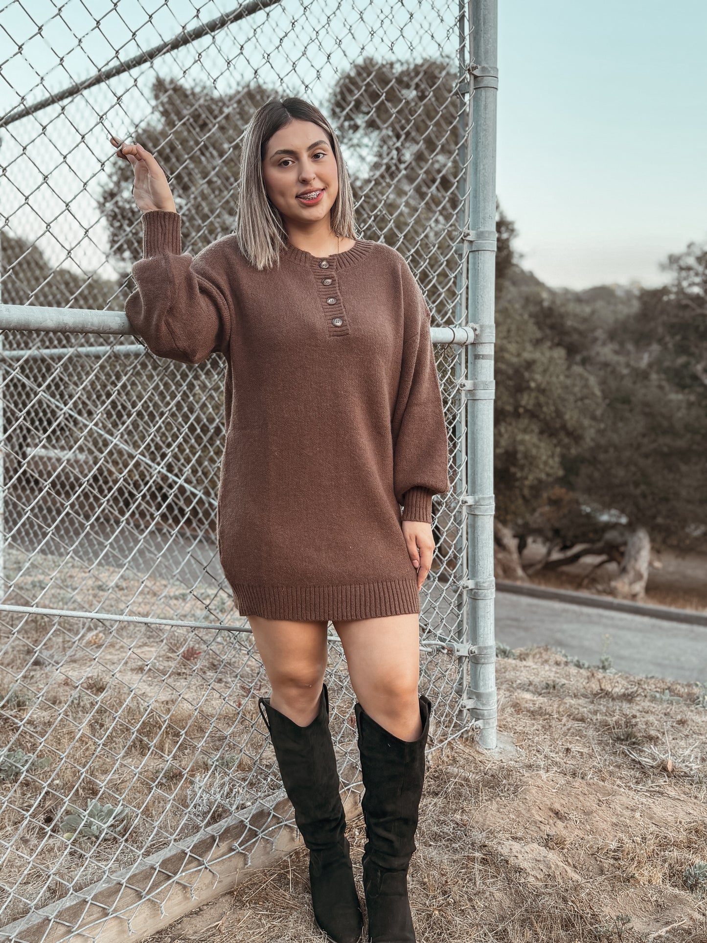 Half Button Sweater Dress - Coffee Bean