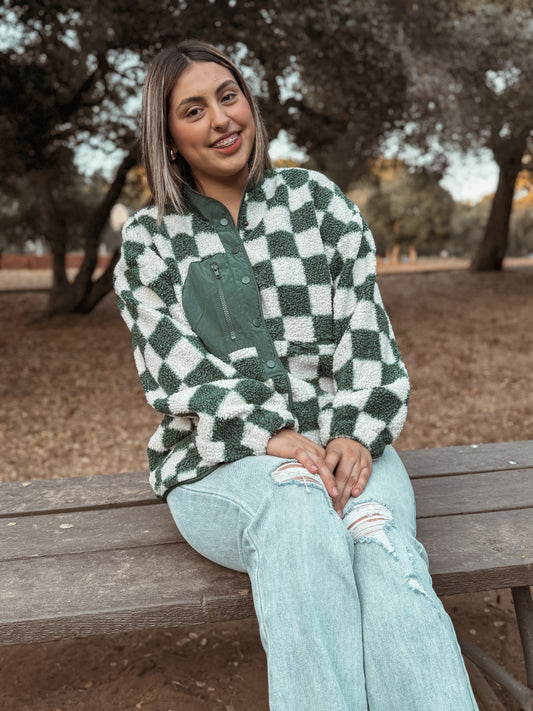 Checkered Snap Button Fleece - Green