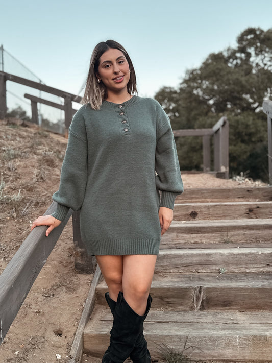 Half Button Sweater Dress - Hunter Green