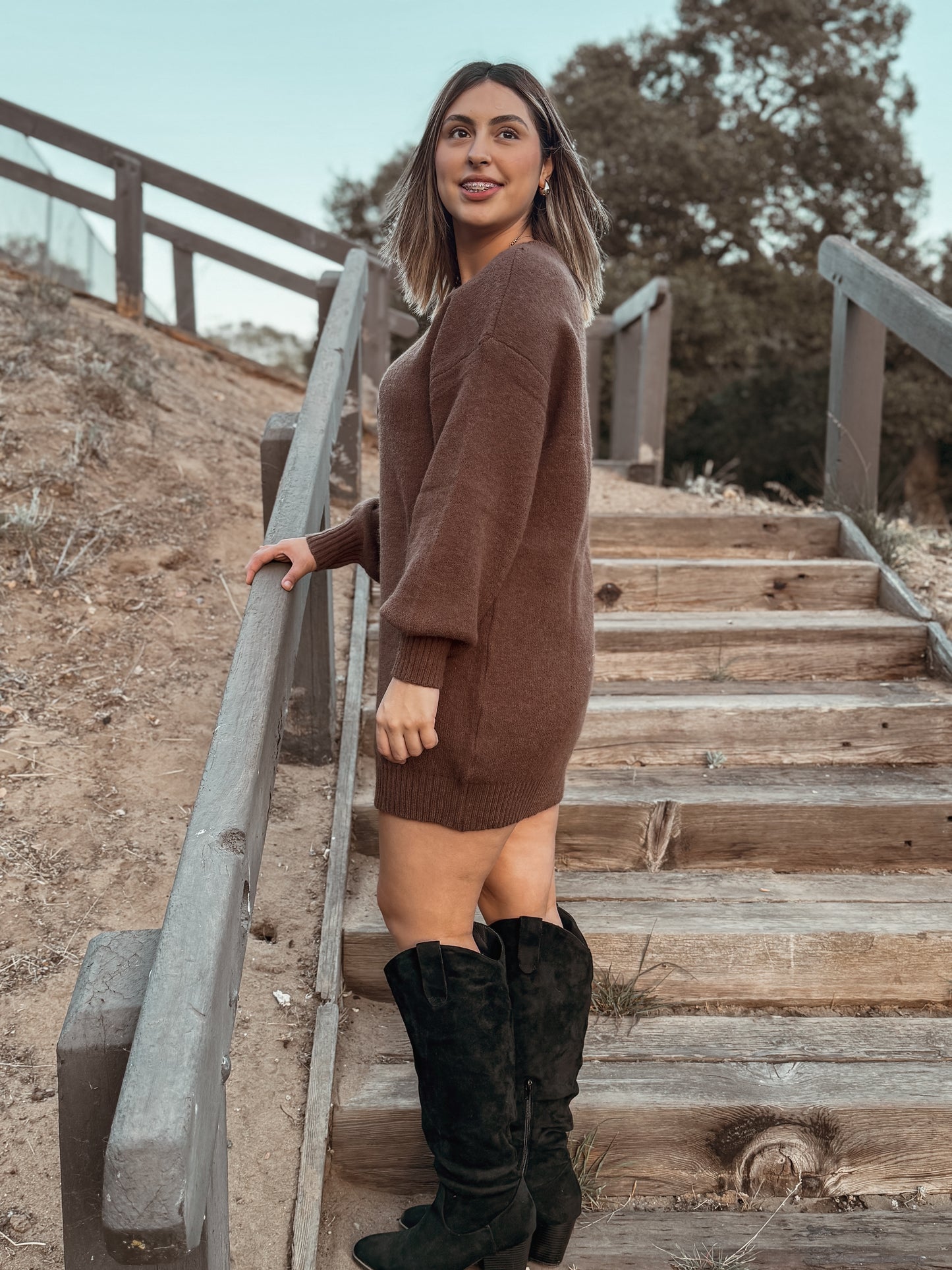 Half Button Sweater Dress - Coffee Bean